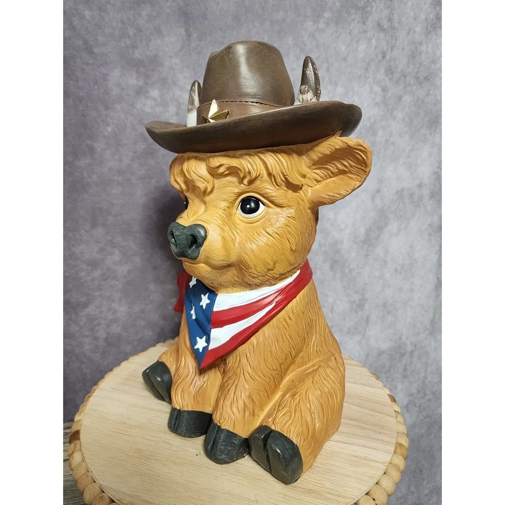 Patriotic Americana Western Highland Cow With Cowboy‎ Hat Scarf Figurine 10.5